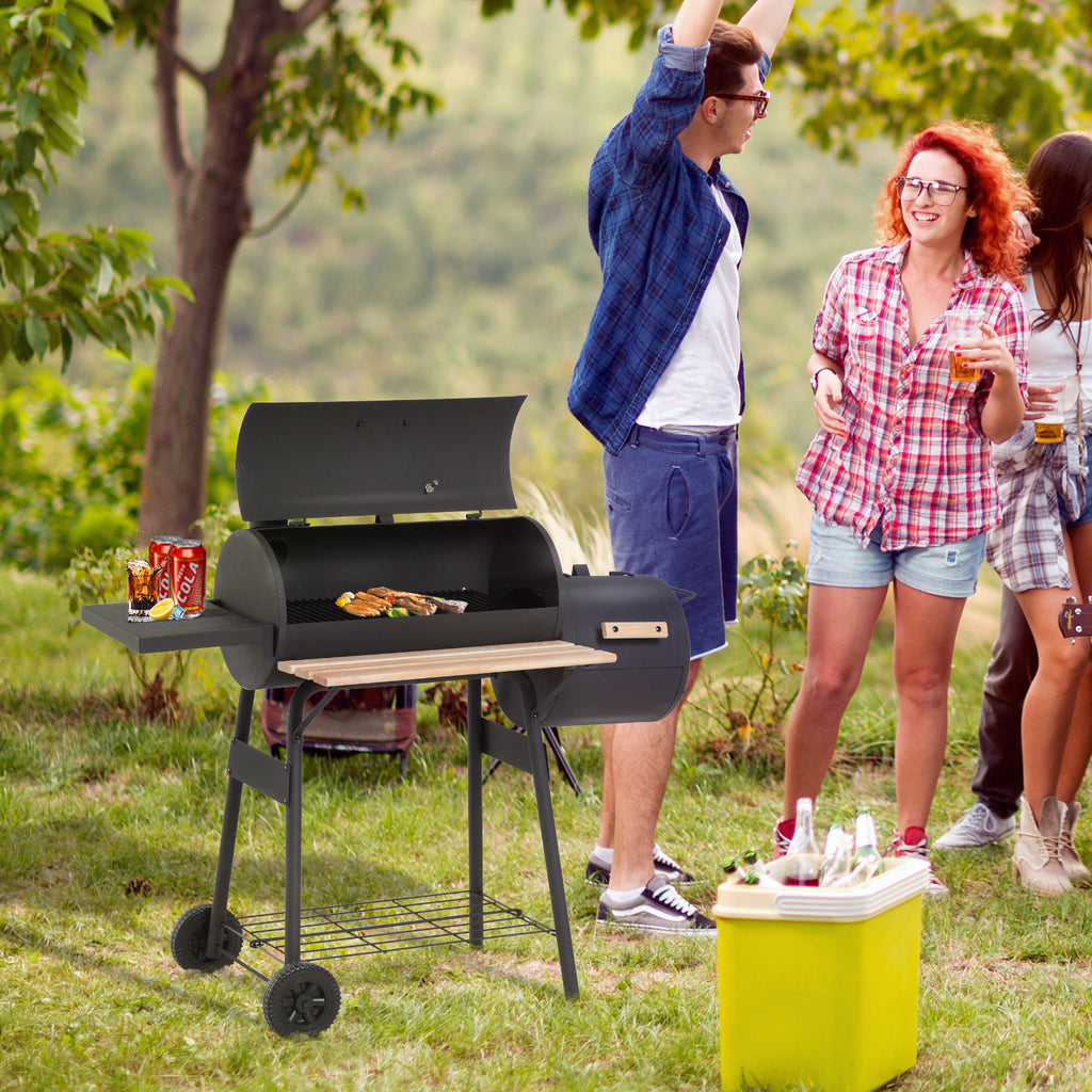 Offset Smoker & Charcoal BBQ Grill with Thermometer & Side Shelves