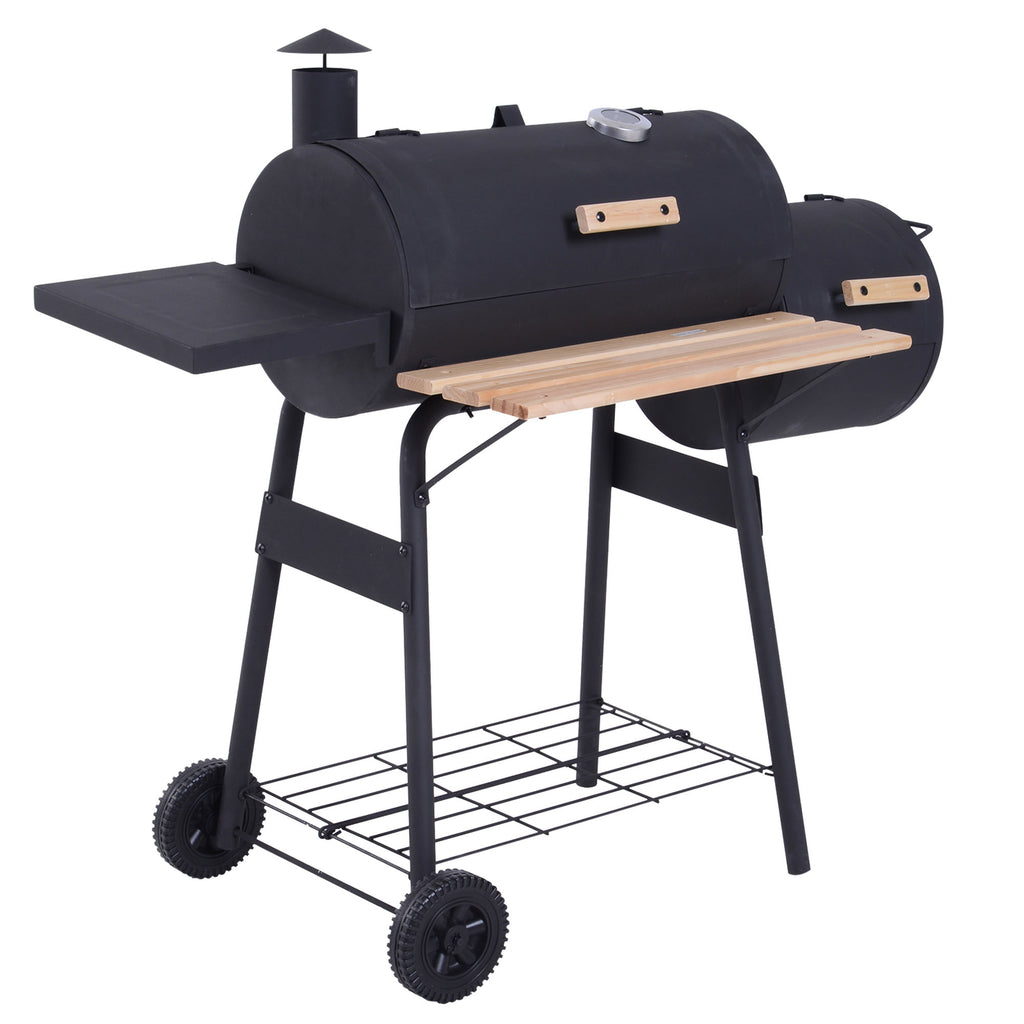 Offset Smoker & Charcoal BBQ Grill with Thermometer & Side Shelves
