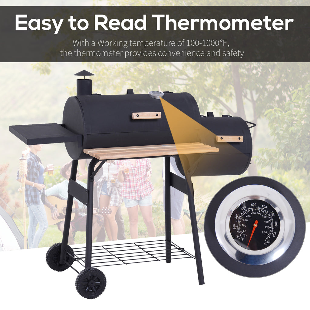 Offset Smoker & Charcoal BBQ Grill with Thermometer & Side Shelves