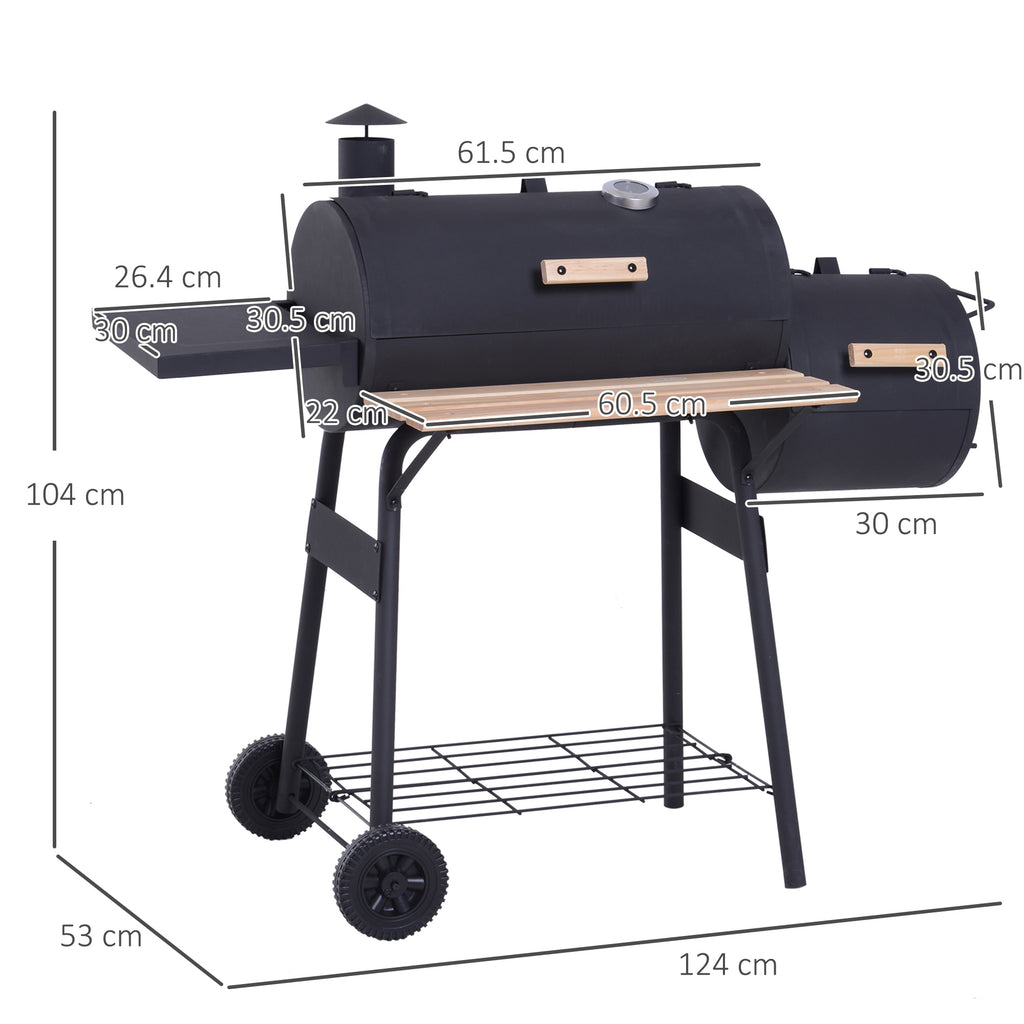 Offset Smoker & Charcoal BBQ Grill with Thermometer & Side Shelves