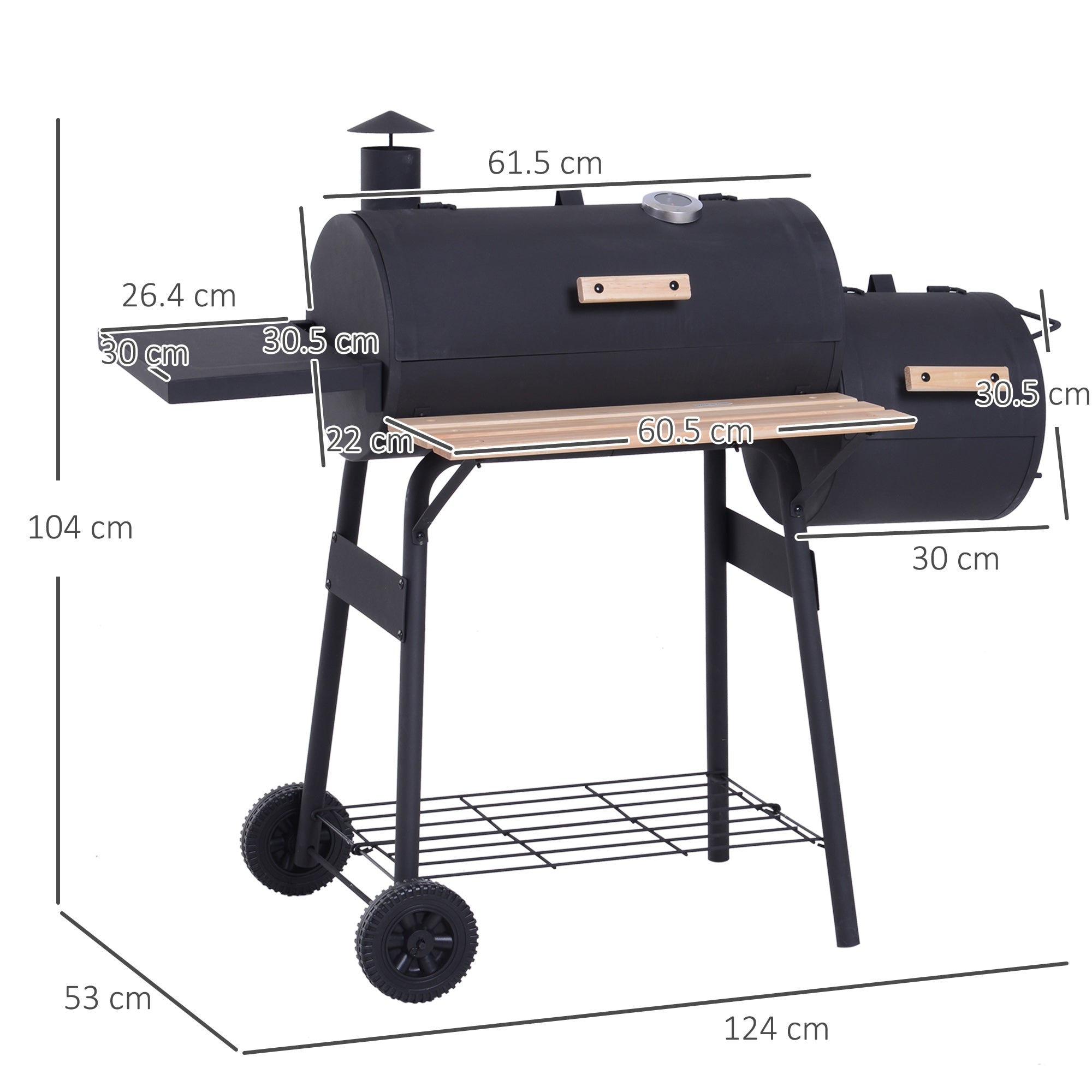 Offset Smoker & Charcoal BBQ Grill with Thermometer & Side Shelves